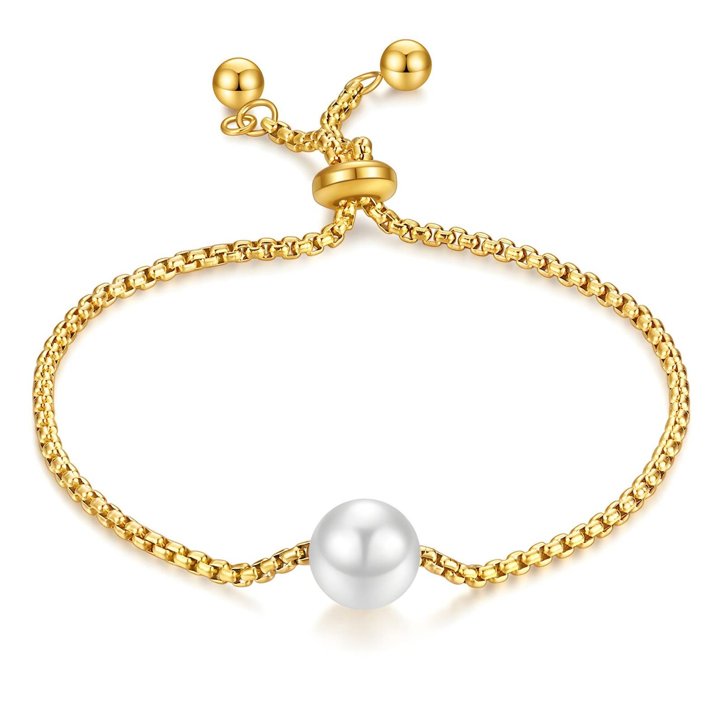 Gold bracelet with a single pearl on a white background
