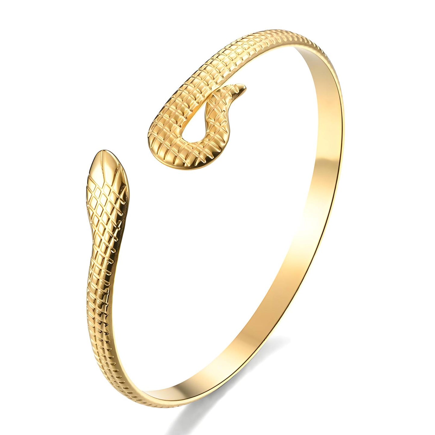 Gold snake-shaped bracelet on a white background