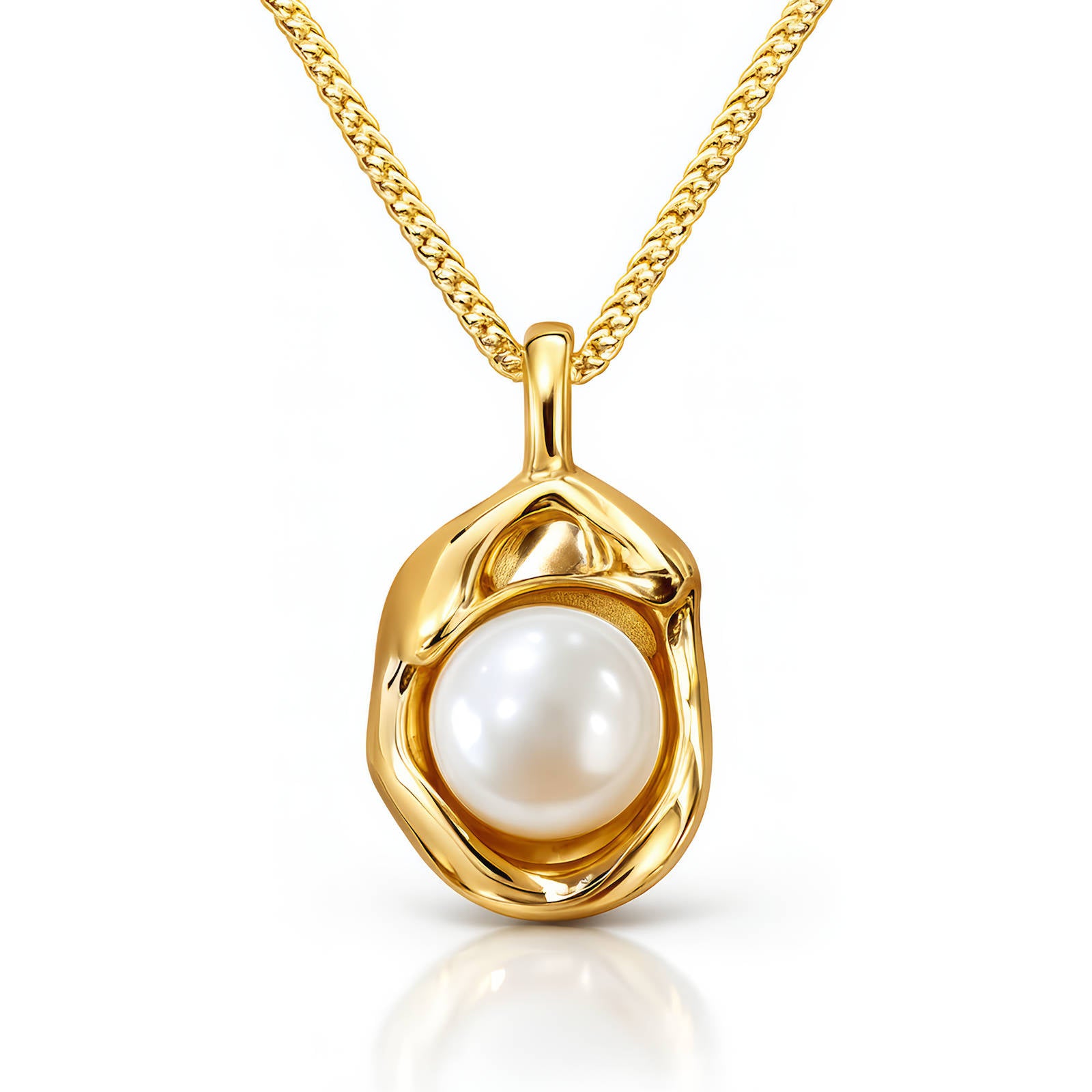 Gold pendant with a pearl on a white background