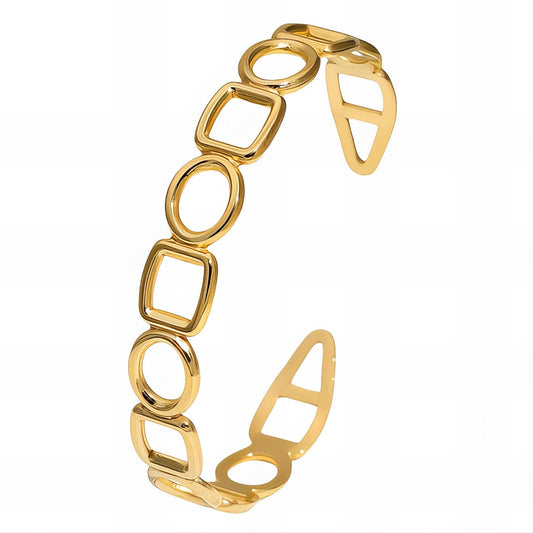 Gold bracelet with geometric design on a white background
