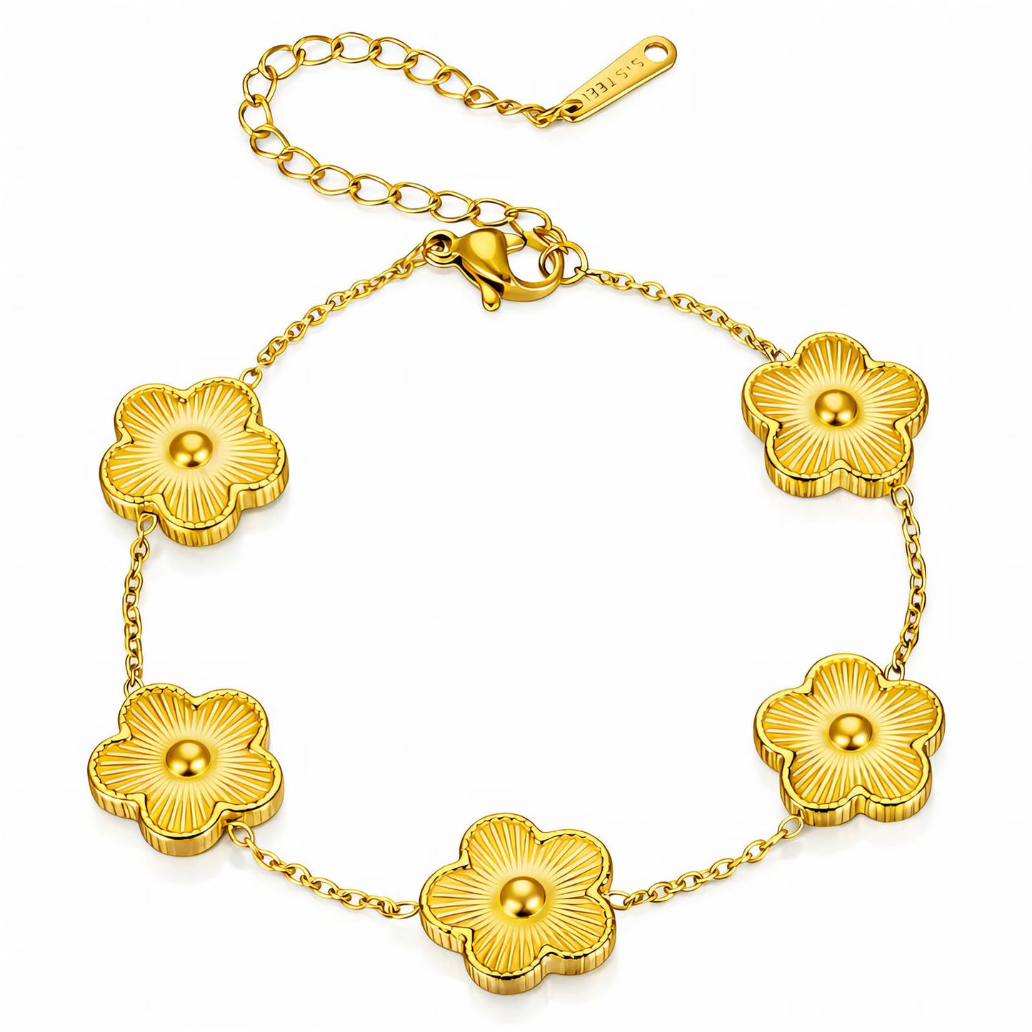 Gold bracelet with floral designs on a white background