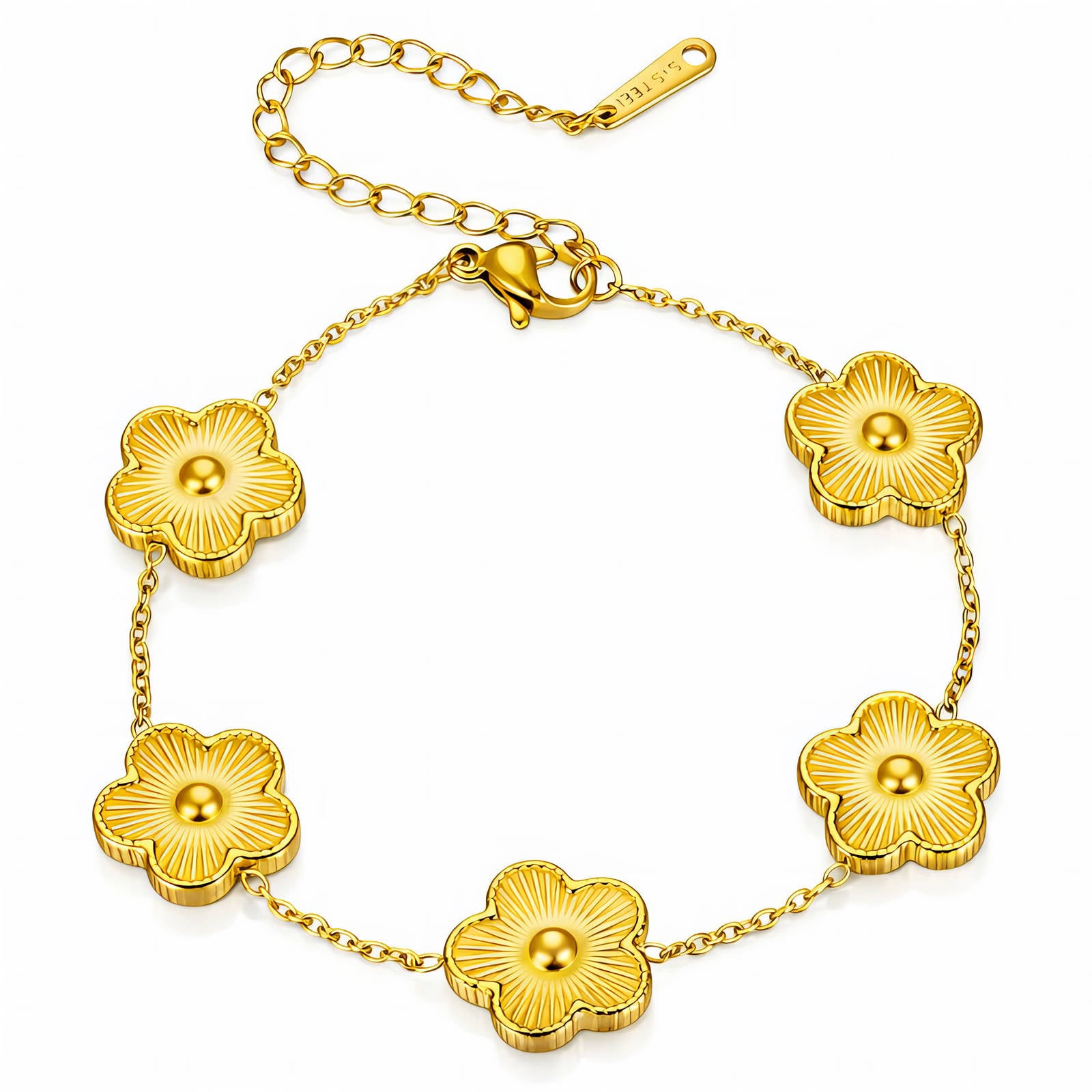 Gold bracelet with floral designs on a white background