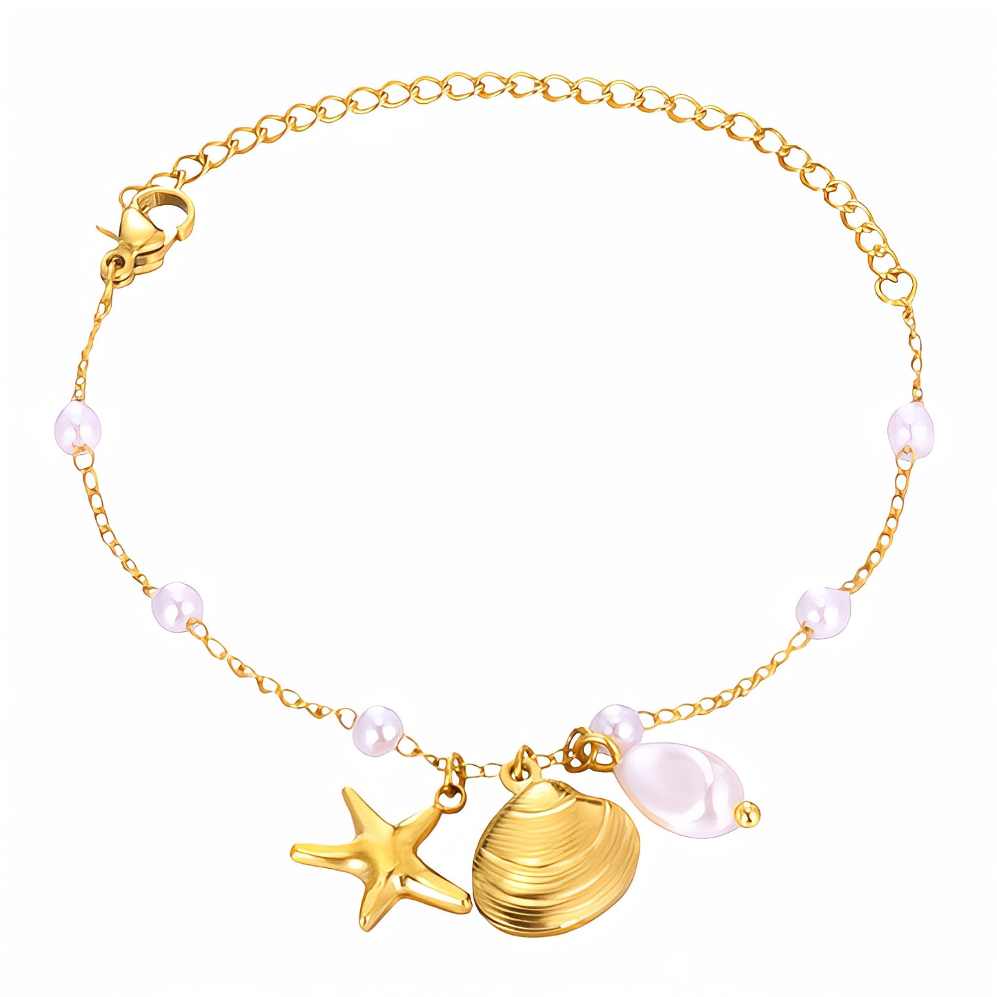 Gold bracelet with starfish and shell charms on a white background