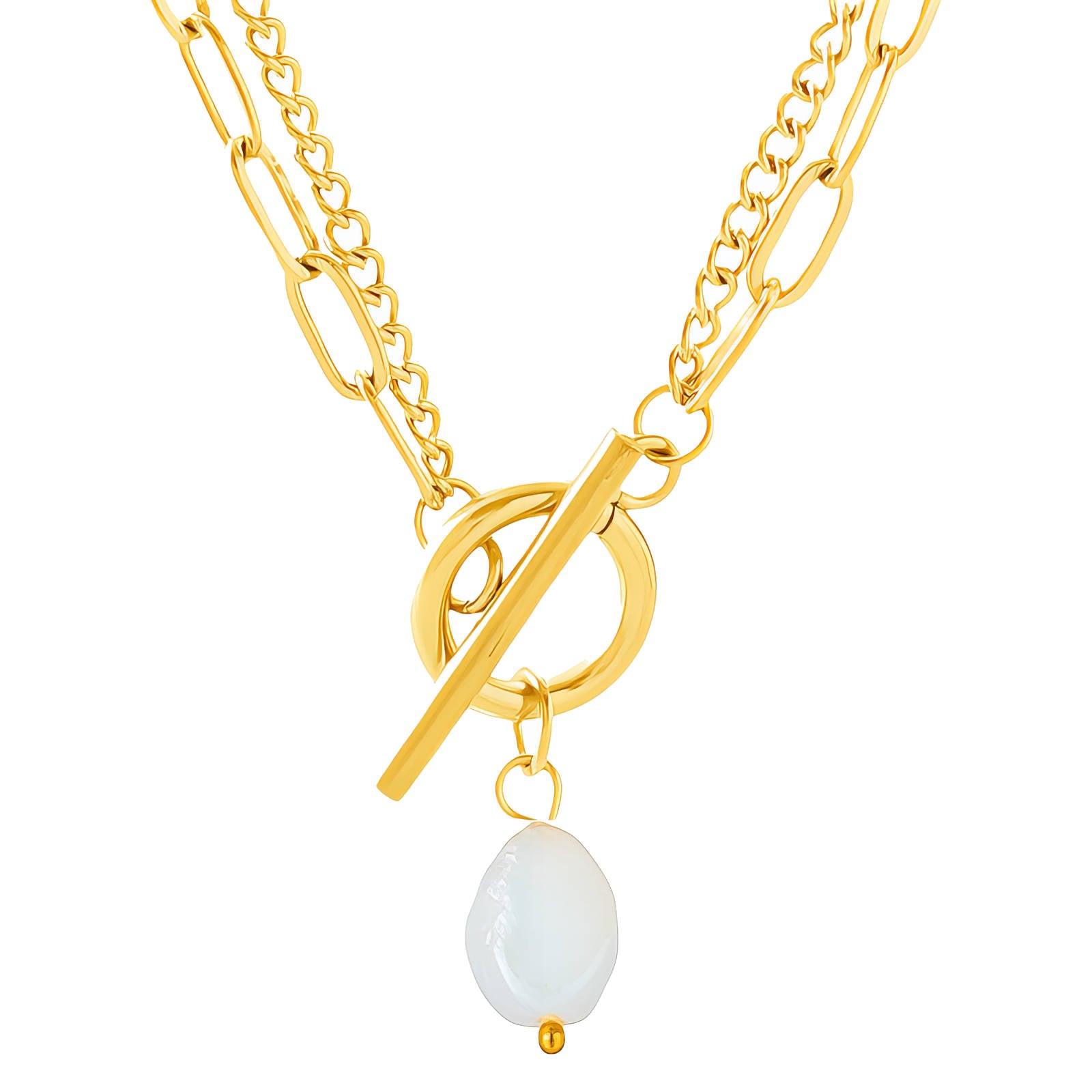 Gold necklace with a white pendant on a white background