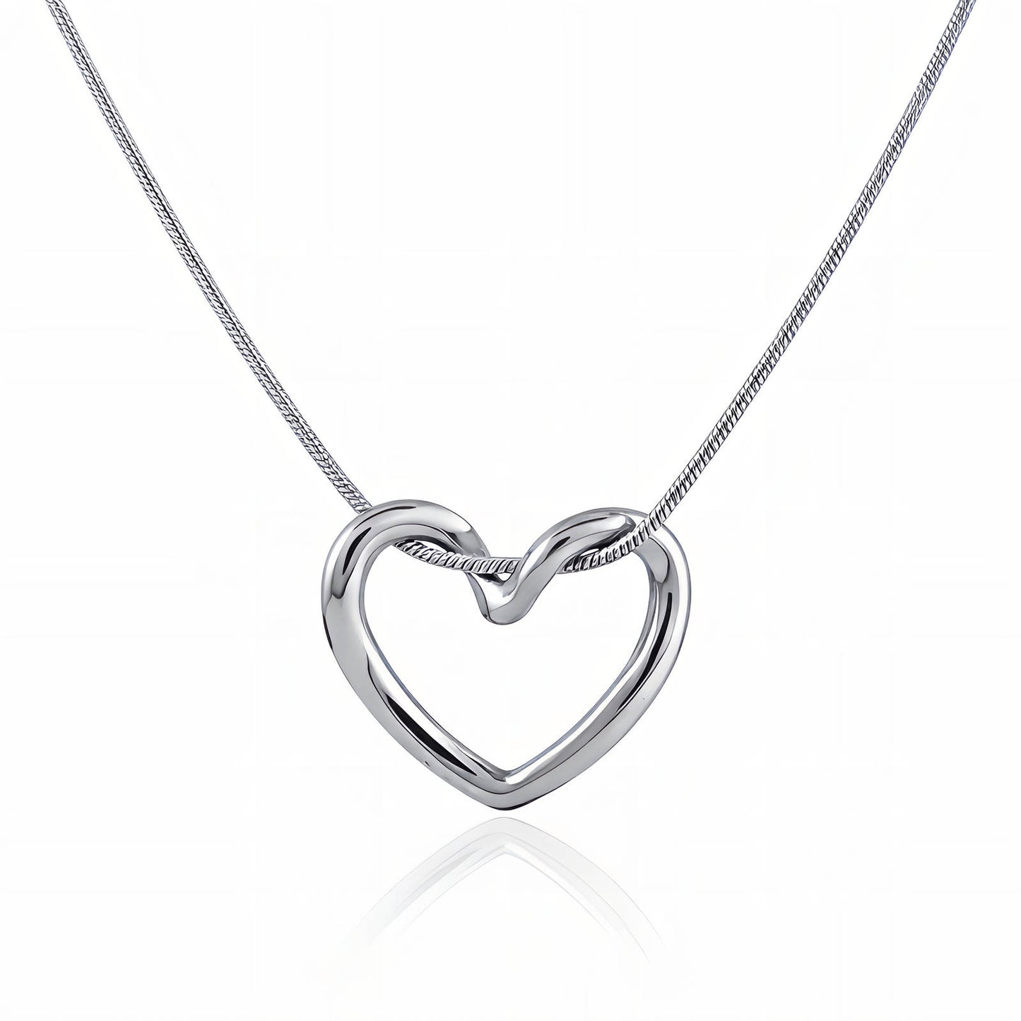 Silver heart-shaped necklace on a white background